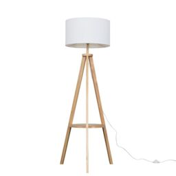 ValueLights Morrigan Natural Wood Tripod Floor Lamp & Fabric Drum Shade & Bulb in White