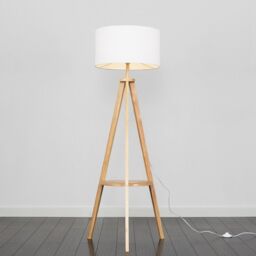 ValueLights Morrigan Natural Wood Tripod Floor Lamp & Fabric Drum Shade & Bulb in White - thumbnail 3