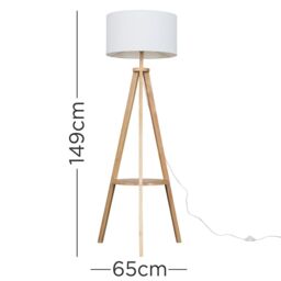 ValueLights Morrigan Natural Wood Tripod Floor Lamp & Fabric Drum Shade & Bulb in White - thumbnail 5