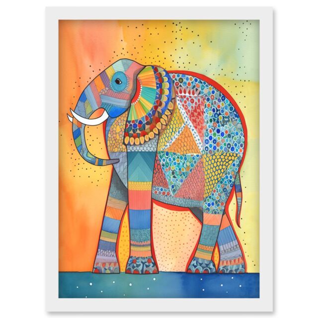 Artery8 Elephant With Geometric Patterns Folk Art Watercolour Painting Artwork Framed Wall Art Print A4 in White - image 1
