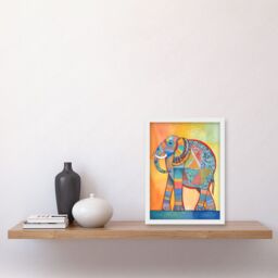 Artery8 Elephant With Geometric Patterns Folk Art Watercolour Painting Artwork Framed Wall Art Print A4 in White - thumbnail 2