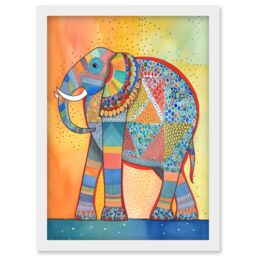 Artery8 Elephant With Geometric Patterns Folk Art Watercolour Painting Artwork Framed Wall Art Print A4 in White - thumbnail 1