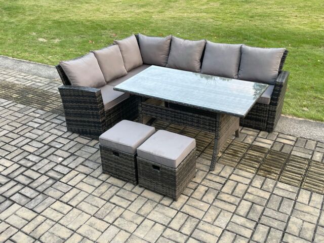 Fimous 8 Seater Garden Rattan Furniture Corner Dining Set with 2 Small Footstools Indoor Outdoor Lounge Sofa Set in Dark Grey - image 1