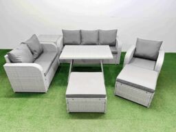 Fimous Patio Dining Table & Chairs Set with Reclining Chair 2 Big Stools in Light Grey - thumbnail 1