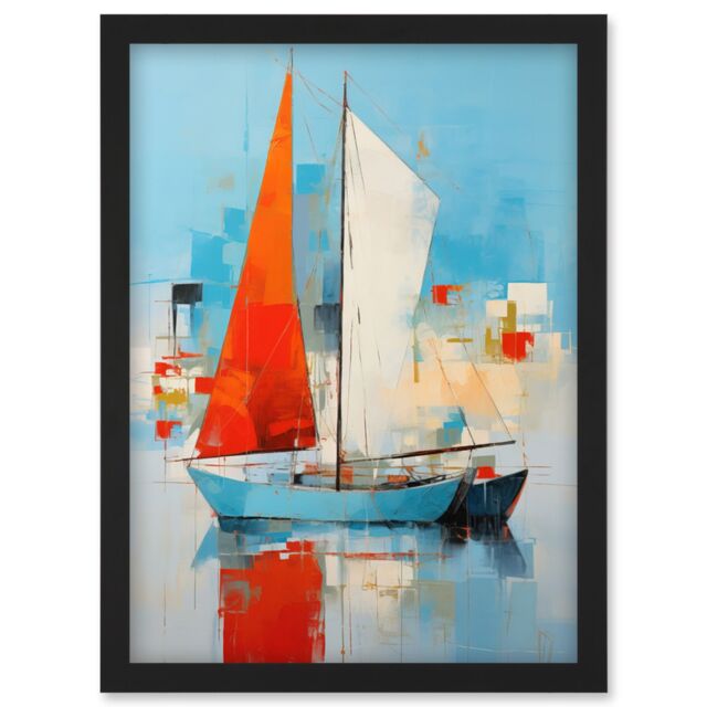 Artery8 Wall Art Print Abstract Sailing Boats Ships Oil Painting Palette Knife Bathroom Artwork Vibrant Orange Blue Harbor Seascape Artwork Framed A4 - image 1