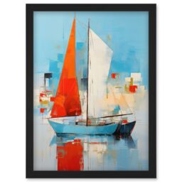 Artery8 Wall Art Print Abstract Sailing Boats Ships Oil Painting Palette Knife Bathroom Artwork Vibrant Orange Blue Harbor Seascape Artwork Framed A4 - thumbnail 1