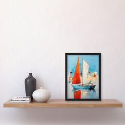 Artery8 Wall Art Print Abstract Sailing Boats Ships Oil Painting Palette Knife Bathroom Artwork Vibrant Orange Blue Harbor Seascape Artwork Framed A4 - thumbnail 2