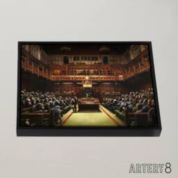 "Artery8 Banksy Devolved Parliament Chimps Framed Canvas Wall Art Print in Brown - Size: W12"" x H16""" - thumbnail 2