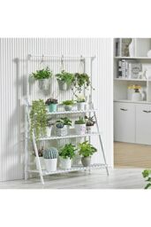 Living and Home 3-Tier Foldable Wooden Ladder Shelf with Hanging Rod in White