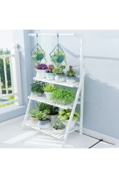Living and Home 3-Tier Foldable Wooden Ladder Shelf with Hanging Rod in White - thumbnail 4