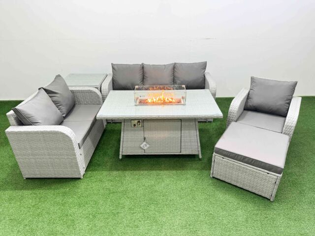 Fimous Patio PE Wicker 7 Seater Outdoor Rattan Furniture Sofa Sets w/ Firepit Dining Table Reclining Chair Loveseat Sofa 3 Seater Sofa Big Footstool - image 1