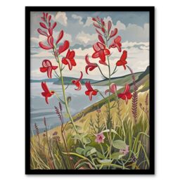 "Artery8 Red Wildflowers on Hunt Cliff Saltburn Yorkshire Framed Art Print in Green - Size: W12"" x H16""" - thumbnail 1