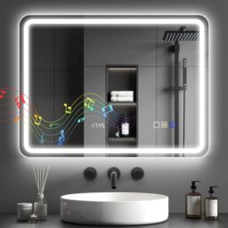 HOMCOM 600 x 800 mm Illuminated Bathroom Mirror with Bluetooth Clock Silver - Size: 800mm x 600mm - thumbnail 2