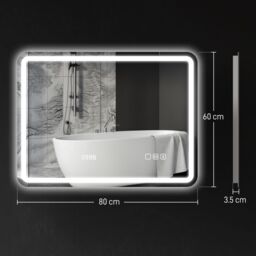 HOMCOM 600 x 800 mm Illuminated Bathroom Mirror with Bluetooth Clock Silver - Size: 800mm x 600mm - thumbnail 3