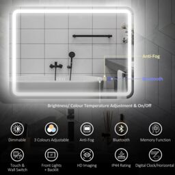 HOMCOM 600 x 800 mm Illuminated Bathroom Mirror with Bluetooth Clock Silver - Size: 800mm x 600mm - thumbnail 4