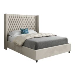 Casani Volta Straight Winged Upholstered Soft Velvet Bed Frame in Cream - Size: King - thumbnail 5