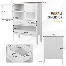 Costway Wooden Cupboard Buffet Wine Storage Cabinet Sideboard W/ 2 Tempered Glass Doors in White - thumbnail 2
