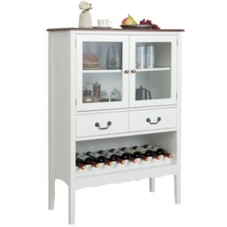 Costway Wooden Cupboard Buffet Wine Storage Cabinet Sideboard W/ 2 Tempered Glass Doors in White - thumbnail 1