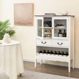 Costway Wooden Cupboard Buffet Wine Storage Cabinet Sideboard W/ 2 Tempered Glass Doors in White - thumbnail 3