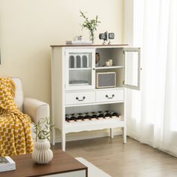 Costway Wooden Cupboard Buffet Wine Storage Cabinet Sideboard W/ 2 Tempered Glass Doors in White - thumbnail 4