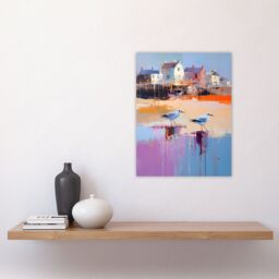 "Artery8 Wall Art Print Seagulls on Beach Sand Painting Coastal Village Landscape Poster in Blue - Size: W18"" x H24""" - thumbnail 4