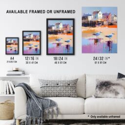 "Artery8 Wall Art Print Seagulls on Beach Sand Painting Coastal Village Landscape Poster in Blue - Size: W18"" x H24""" - thumbnail 3