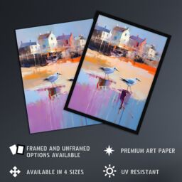 "Artery8 Wall Art Print Seagulls on Beach Sand Painting Coastal Village Landscape Poster in Blue - Size: W18"" x H24""" - thumbnail 2