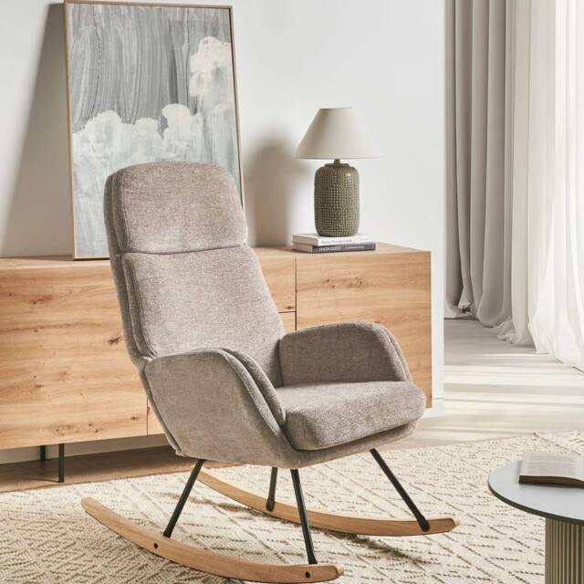 Wyld and Coco Taupe Fabric Rocking Chair - Rubberwood Frame with Metal Legs in Beige - image 1
