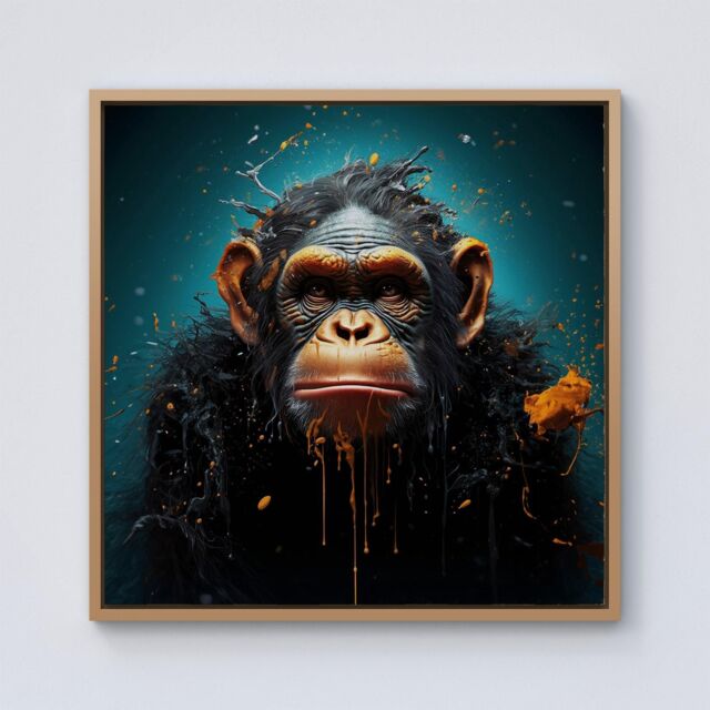 Warren Reed - Designer Monkey Face Splashart Blue Framed Canvas in Light Brown - Size: w40 inch x h40 inch - image 1