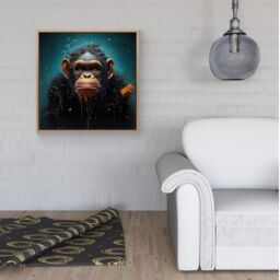 Warren Reed - Designer Monkey Face Splashart Blue Framed Canvas in Light Brown - Size: w40 inch x h40 inch - thumbnail 2