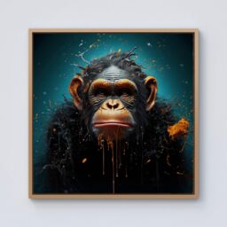 Warren Reed - Designer Monkey Face Splashart Blue Framed Canvas in Light Brown - Size: w40 inch x h40 inch - thumbnail 1