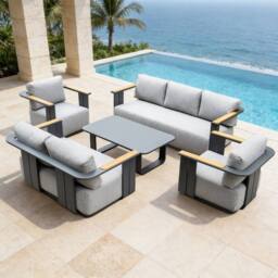 MIMO Garden 7-Seater Aluminum Sofa Set with Teak Armrests, Coffee Table in Grey - Size: 1 Pack - thumbnail 6