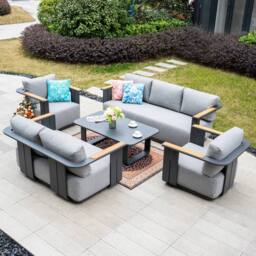 MIMO Garden 7-Seater Aluminum Sofa Set with Teak Armrests, Coffee Table in Grey - Size: 1 Pack
