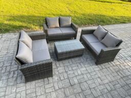 Fimous Dark Grey 6 Seater Outdoor Rattan Garden Furniture Set Patio Love Sofa Rectangular Coffee Table Set - thumbnail 1
