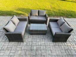 Fimous Dark Grey 6 Seater Outdoor Rattan Garden Furniture Set Patio Love Sofa Rectangular Coffee Table Set - thumbnail 2