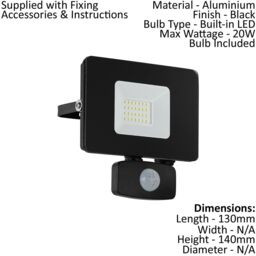 Loops IP44 Outdoor Flood Light & PIR Sensor Black Aluminium 20W Built in LED - thumbnail 2