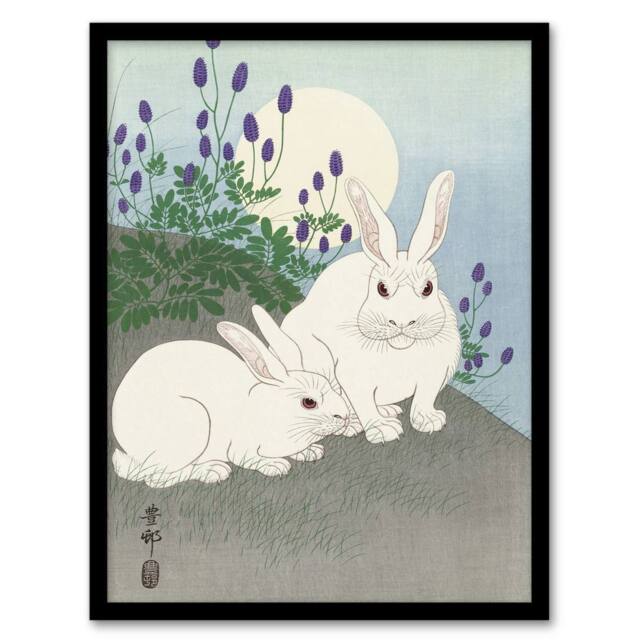 Artery8 Two Rabbits At Full Moon Vintage Japan Framed Wall Art Print Ohara Koson in Blue - Size: A4 - image 1