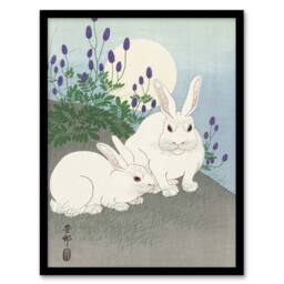 Artery8 Two Rabbits At Full Moon Vintage Japan Framed Wall Art Print Ohara Koson in Blue - Size: A4 - thumbnail 1