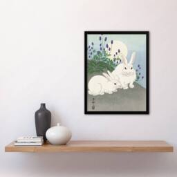 Artery8 Two Rabbits At Full Moon Vintage Japan Framed Wall Art Print Ohara Koson in Blue - Size: A4 - thumbnail 4