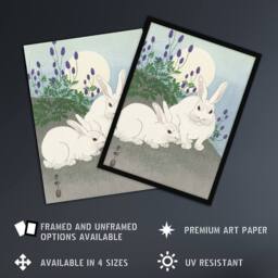 Artery8 Two Rabbits At Full Moon Vintage Japan Framed Wall Art Print Ohara Koson in Blue - Size: A4 - thumbnail 2