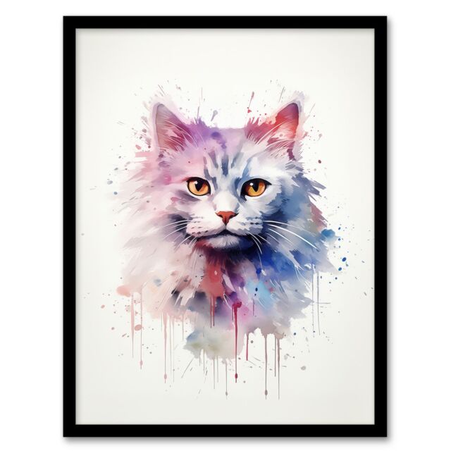 "Artery8 Wall Art Print Persian Cat Lovers Gift Watercolour Pet Portrait Painting Artwork Art Framed - Size: W12"" x H16""" - image 1