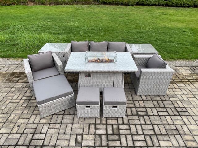Fimous Outdoor Garden Dining Sets Rattan Furniture Gas Fire Pit Dining Table With 2 Armchairs 2 Side Tables in Light Grey - image 1