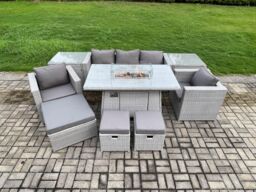 Fimous Outdoor Garden Dining Sets Rattan Furniture Gas Fire Pit Dining Table With 2 Armchairs 2 Side Tables in Light Grey - thumbnail 3