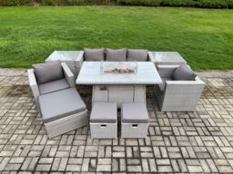 Fimous Outdoor Garden Dining Sets Rattan Furniture Gas Fire Pit Dining Table With 2 Armchairs 2 Side Tables in Light Grey - thumbnail 1