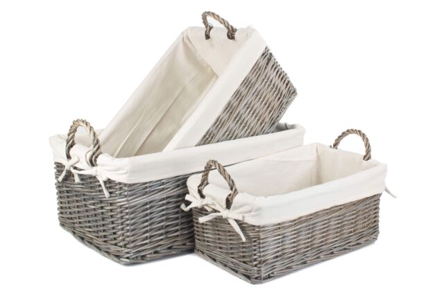 Red Hamper Wicker Shallow Lined Antique Wash Storage Basket Set of 3 in White - image 1