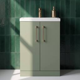 Balterley Bathroom Vanity Basin Unit, Brushed Bronze Handles, 600mm, Satin Green - thumbnail 4