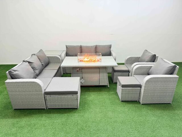 Fimous PE Rattan High Back Lounge Sofa Set Patio Firepit Dining Table & Chairs Set with 3 Seater Sofa Reclining Chair 3 Stools Side Table Light Grey - image 1