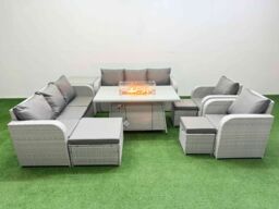Fimous PE Rattan High Back Lounge Sofa Set Patio Firepit Dining Table & Chairs Set with 3 Seater Sofa Reclining Chair 3 Stools Side Table Light Grey - thumbnail 2