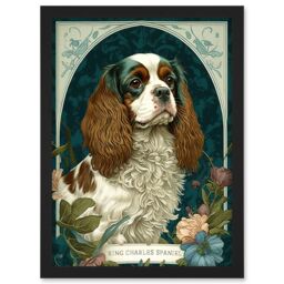 Artery8 King Charles Spaniel Dog with Flower Blooms Modern Art Nouveau Illustration Artwork Framed Wall Art Print A4 in Black - thumbnail 1