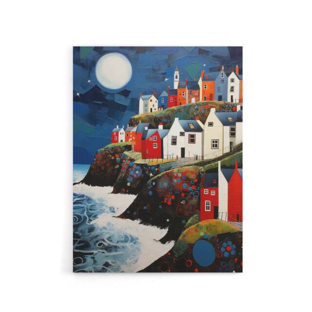 "Artery8 Seaside Cliff Village Houses Folk Art Canvas Wall Art Print in Blue - Size: W18"" x H24""" - image 1